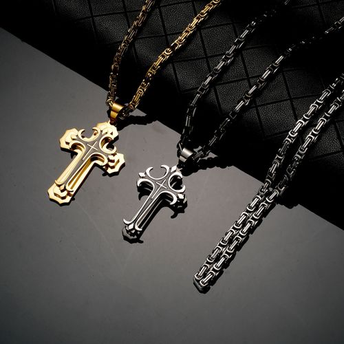 ❤️ Colar masculino vintage com pingente cruz camadas aço preto e dourado