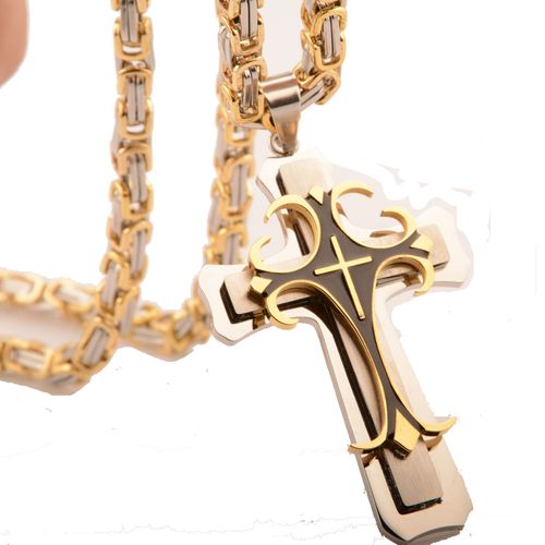 ❤️ Colar masculino vintage com pingente cruz camadas aço preto e dourado