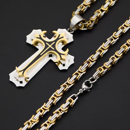 ❤️ Colar masculino vintage com pingente cruz camadas aço preto e dourado