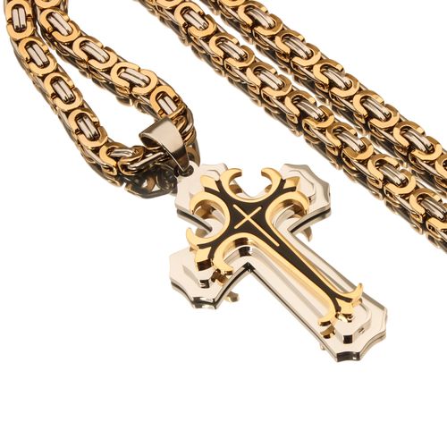 ❤️ Colar masculino vintage com pingente cruz camadas aço preto e dourado