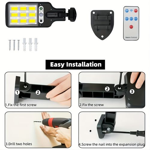 Luzes de rua com sensor solar ao ar livre, 108 COB ajustável corpo humano Sensor de movimento Lâmpada LED de parede com controle remoto, 3 modos de iluminação Luzes de segurança movidas a energia solar, holofotes refletores Jardim Quintal Caminho Estacionamento Varanda Garagem Decoração