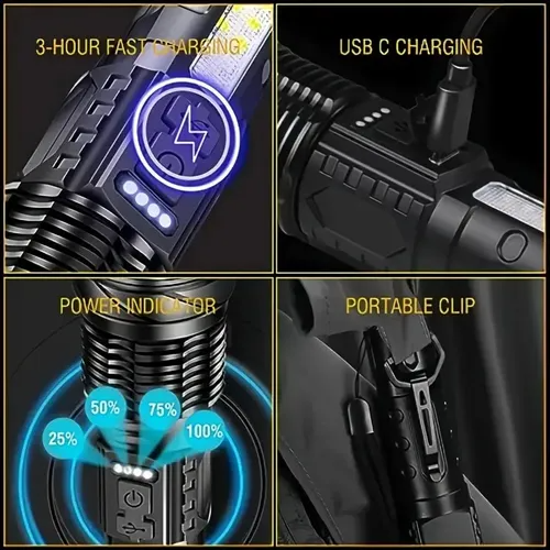 🔥Lanterna LED P50: Alta Potência, Zoom, Display, Recarregável USB