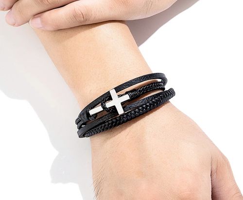 PULSEIRA MASCULINA DE COURO COM CRUZ EM AÇO INOXIDÁVEL E FECHO MAGNÉTICO