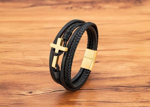 PULSEIRA MASCULINA DE COURO COM CRUZ EM AÇO INOXIDÁVEL E FECHO MAGNÉTICO