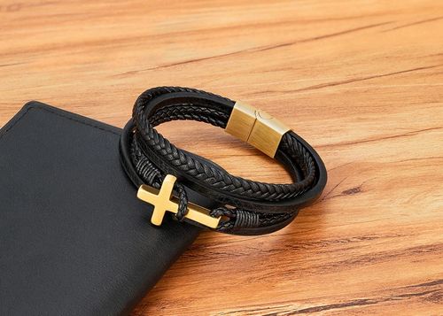 PULSEIRA MASCULINA DE COURO COM CRUZ EM AÇO INOXIDÁVEL E FECHO MAGNÉTICO