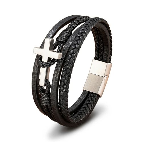 PULSEIRA MASCULINA DE COURO COM CRUZ EM AÇO INOXIDÁVEL E FECHO MAGNÉTICO