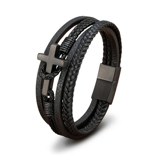 PULSEIRA MASCULINA DE COURO COM CRUZ EM AÇO INOXIDÁVEL E FECHO MAGNÉTICO
