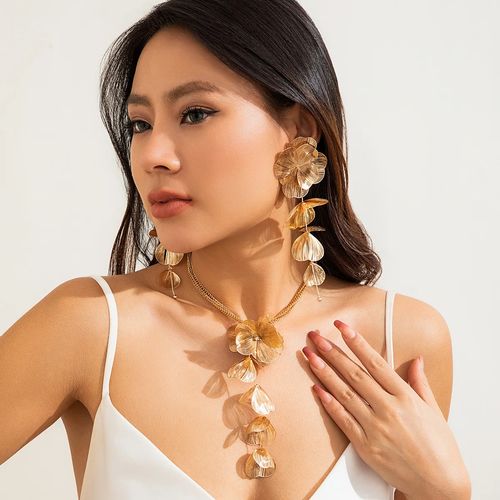 Ouro ginkgo biloba tassel colar brincos conjunto completo