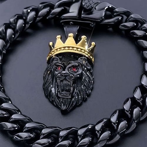 Pingente Helloice Crown King of Lion em Ouro Preto