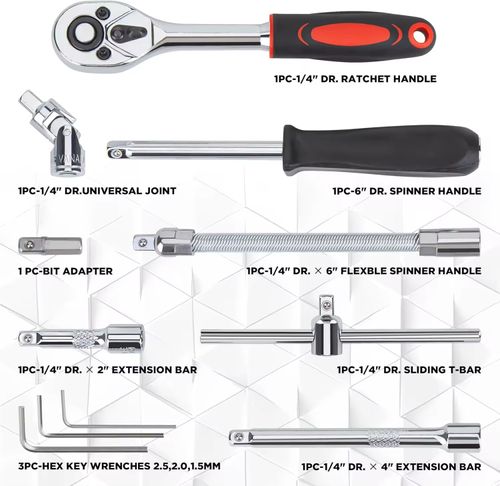 Kit 46 Pçs Soquete um quarto de polegada: Chave Engrenagem + Barra Extensão