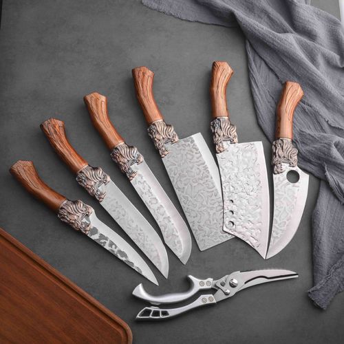 Conjunto de 7 peças de facas de cozinha de aço inoxidável forjadas artesanalmente (incluindo tesoura)