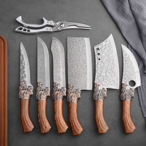 Conjunto de 7 peças de facas de cozinha de aço inoxidável forjadas artesanalmente (incluindo tesoura)