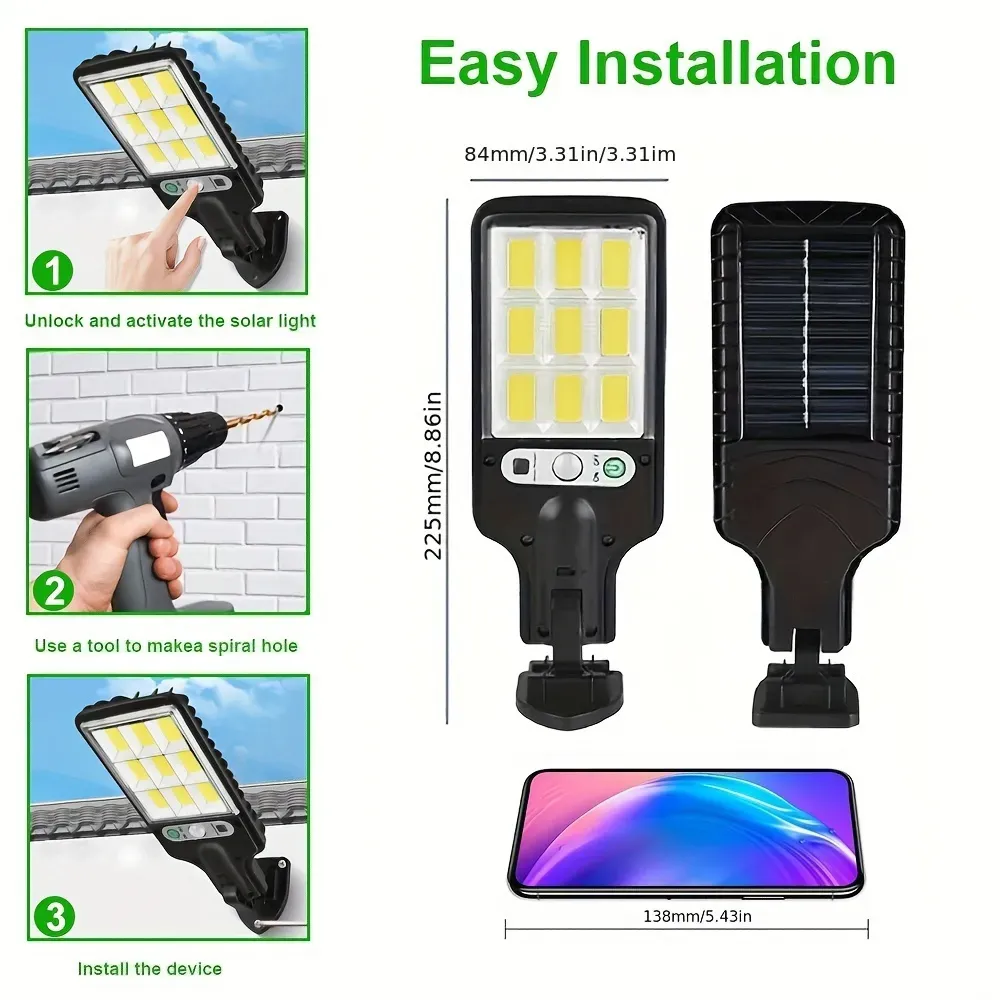 Luzes de rua com sensor solar ao ar livre, 108 COB ajustável corpo humano Sensor de movimento Lâmpada LED de parede com controle remoto