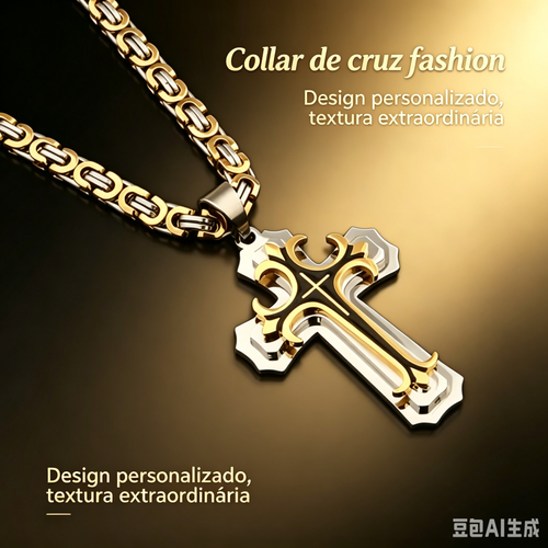 ❤️ Colar masculino vintage com pingente cruz camadas aço preto e dourado+Criar um colar exclusivo  1 compra = 2 cores grátis.