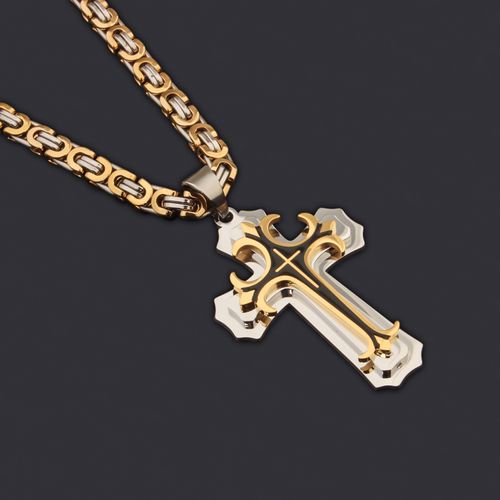 ❤️ Colar masculino vintage com pingente cruz camadas aço preto e dourado+Criar um colar exclusivo  1 compra = 2 cores grátis.