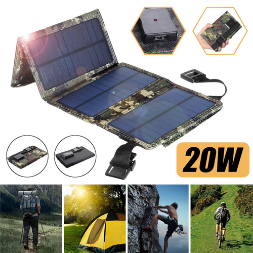 Painel solar de camuflagem preta de 20W, fonte de alimentação portátil móvel para emergências ao ar livre