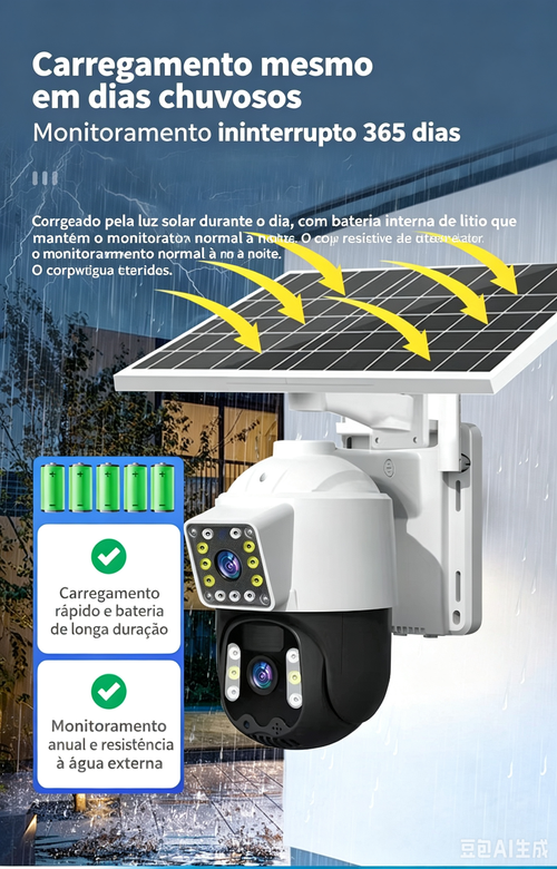 Câmera de Vigilância Solar WiFi Dupla Lente, Sem Fio Sem Energia, Visão Noturna Colorida 360°