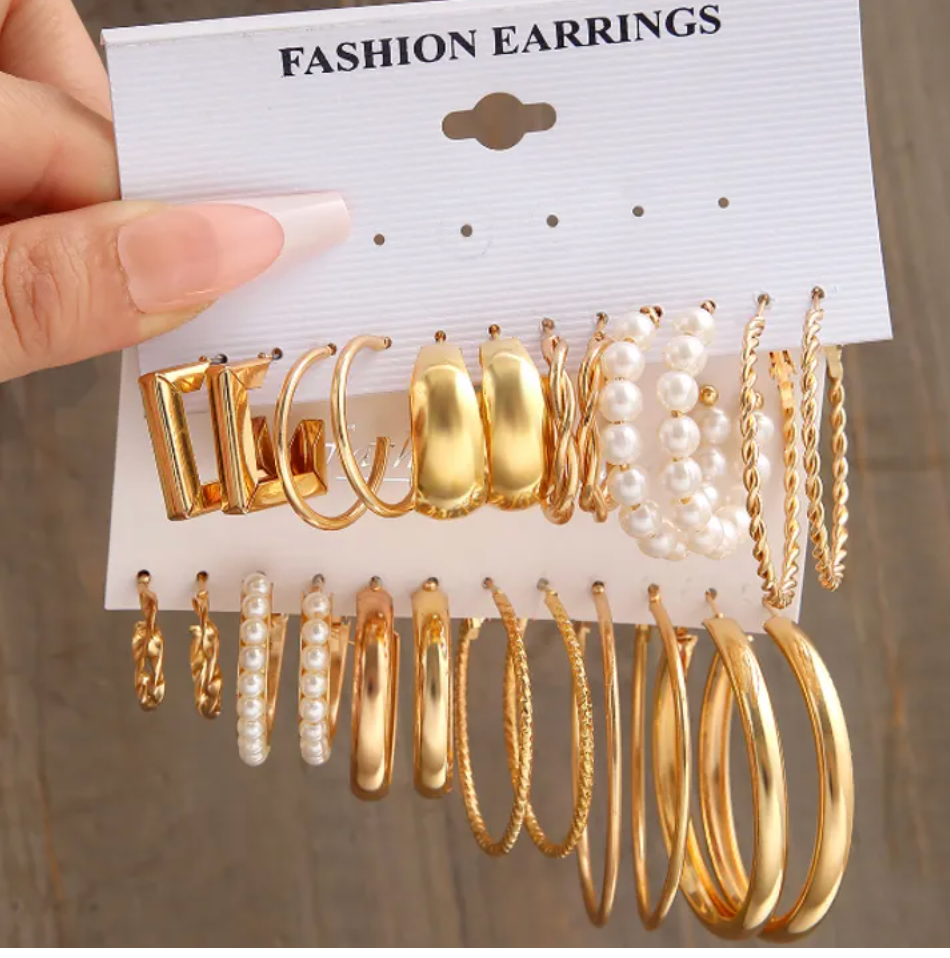 6PCS Gold Color Pearl Hoop Earrings Set Metal Dangle Earrings Vintage Circle Geometric Twist for Women