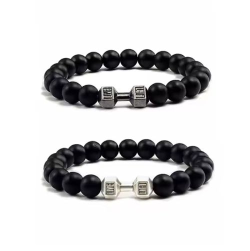 High Quality Men Beaded Bracelet Natural Black Lava Stone Dumbbell Charm Bracelets Energy Fitness Barbell Fashion Women Jewelry