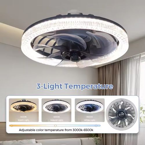 12-inch ESC LED fan light with E27 socket for living room and bedroom, featuring a built-in fan and light.
