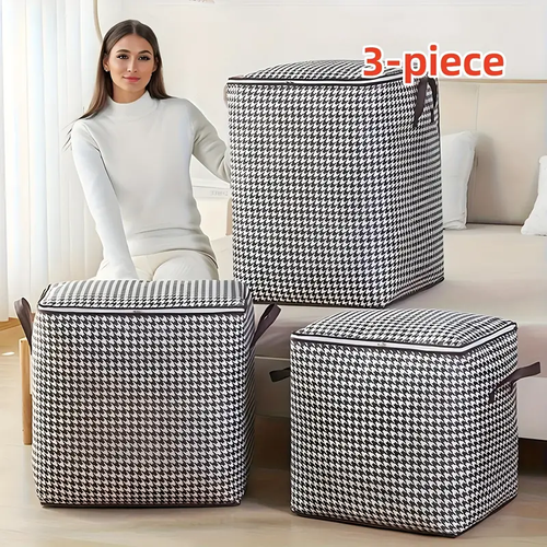 3PCS Houndstooth 100L Laundry Hamper, Extra Thick, Large, Foldable Storage Basket for Clothes, Towels, Home, Office, Camping, Travel