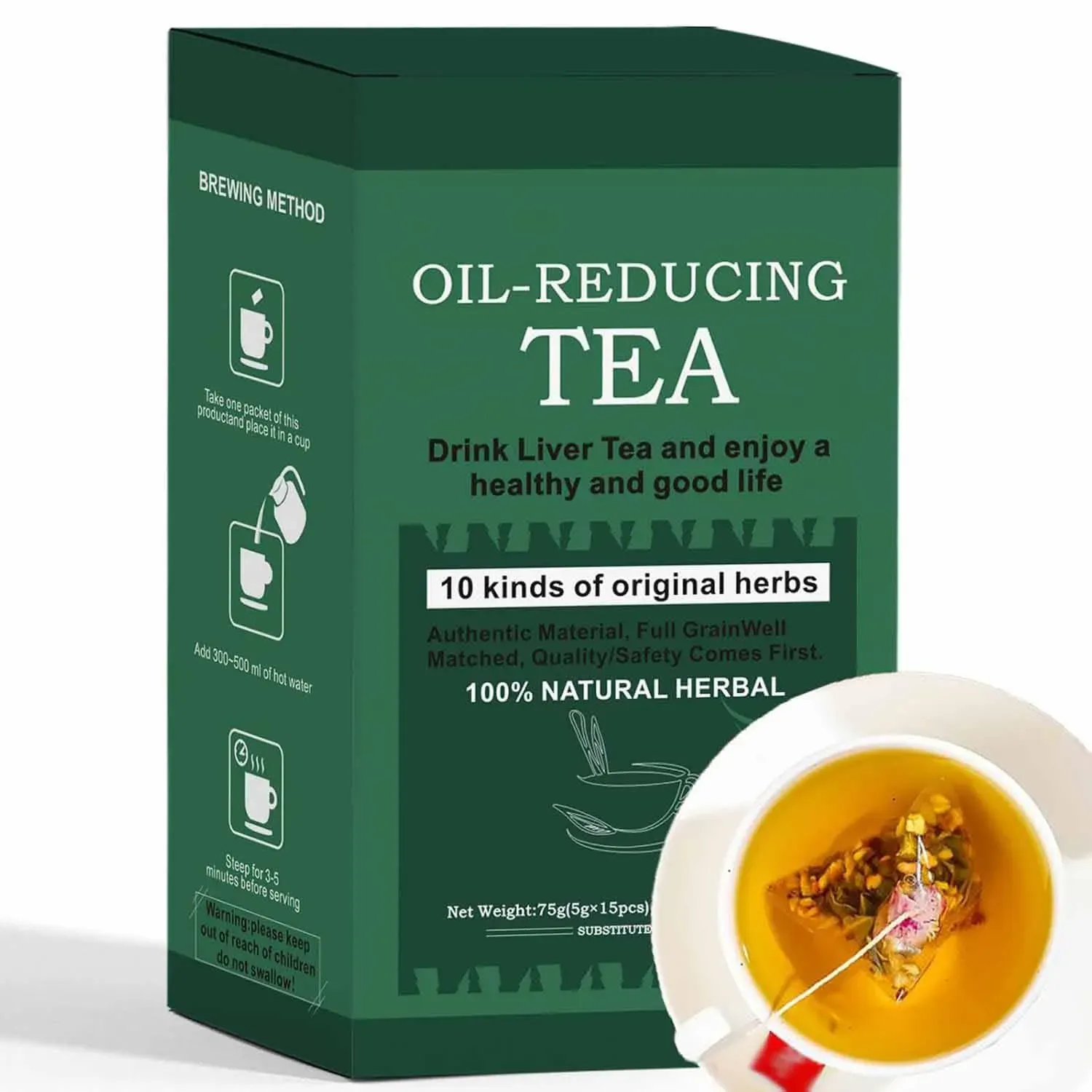 Oil-Reducing-Tea, Herbal Chinese Tea For Liver, 10 Herbal With Excellent Formula, Mild Herbs Oil Reducing Tea, 15 Tea Bags