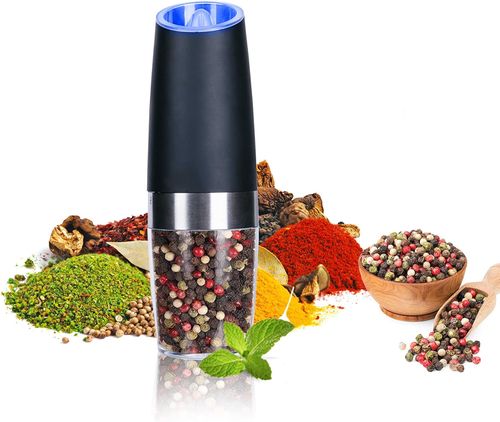Electric Salt and Pepper Grinder Set, Gravity Sensor, Automatic Pepper Mill, One Hand Operation, Battery-Operated with Adjustable Coarseness, Blue Led Light