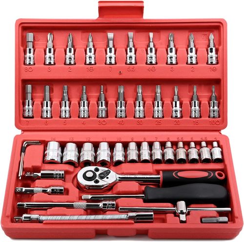 46 Pieces Drive Socket Ratchet Wrench Set,with Bit Socket Set Metric and Extension Bar for Auto Repairing and Household, with Storage Case