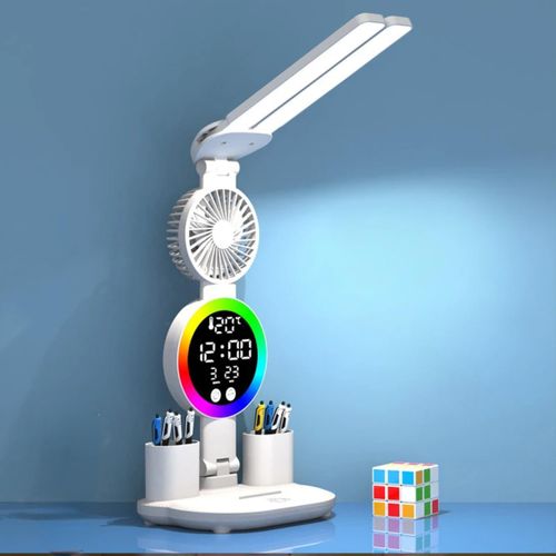 Rechargeable Table Lamp Study Desk Lamp Reading Light Night Light with Fan Clock Dispaly Reading Desk Light