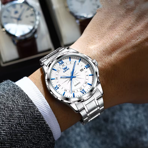 FANMIS Mens Classic Casual Quartz Watch Luminous Hand Stainless Steel Band Roman Numeral Date Watch