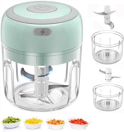 Electric Mini Food Chopper, Rechargable Small Food Processor for Garlic, Puree, Onion, Herb, Veggie, Ginger, Fruit Blender (250ml+100ml cups)