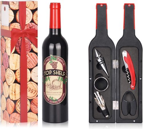 Wine Opener Gift Set - Wine Bottle Accessory Kit Corkscrew Opener, Stopper, Pourer, Foil Cutter, Glass Marker and Drink Stickers by Kato