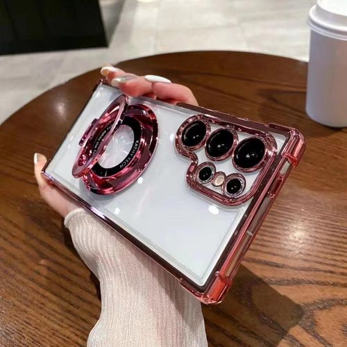 Samsung S24Ultra Mobile Phone Case Anti-Fall Space Shell S24 Transparent Electroplated Cover Magnetic Bracket for S24 Ultra