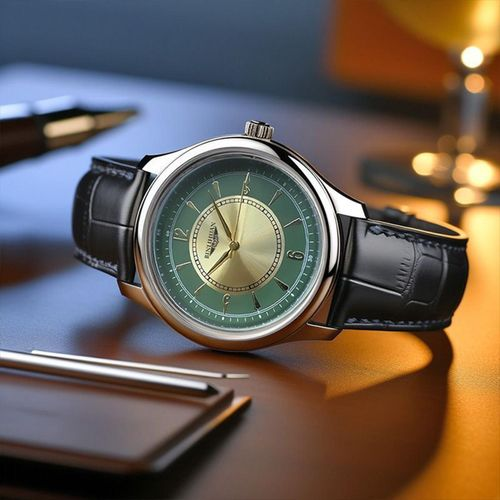 Waterproof Quartz Watch - Green Gradient Dial - Leather Strap