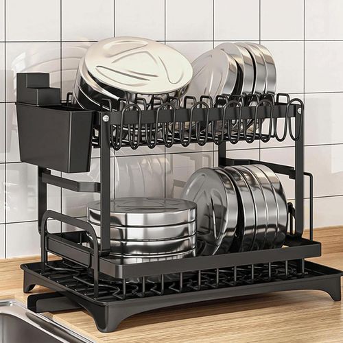 Dish Drainer 2 Layer Rust Resistant Dish Rack Utensil Holder with Drain Spout Kitchen Dish Drying Rack for Various Kitchenware Tabletop Counter, Black