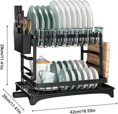 Dish Drainer 2 Layer Rust Resistant Dish Rack Utensil Holder with Drain Spout Kitchen Dish Drying Rack for Various Kitchenware Tabletop Counter, Black