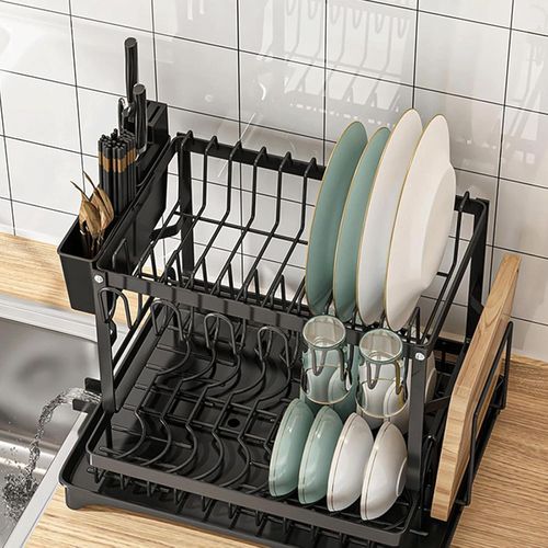 Dish Drainer 2 Layer Rust Resistant Dish Rack Utensil Holder with Drain Spout Kitchen Dish Drying Rack for Various Kitchenware Tabletop Counter, Black