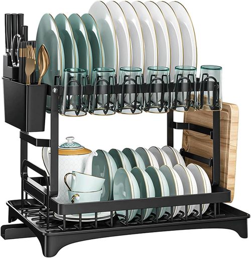 Dish Drainer 2 Layer Rust Resistant Dish Rack Utensil Holder with Drain Spout Kitchen Dish Drying Rack for Various Kitchenware Tabletop Counter, Black