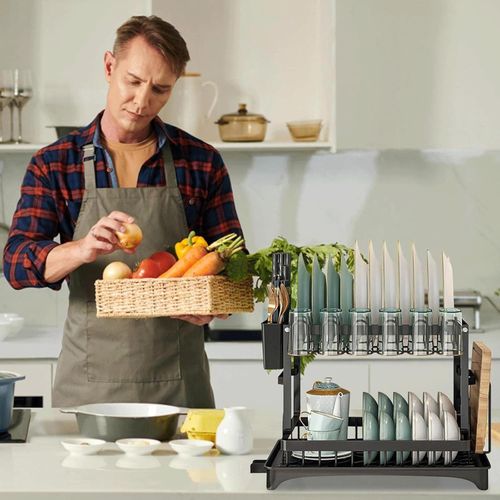 Dish Drainer 2 Layer Rust Resistant Dish Rack Utensil Holder with Drain Spout Kitchen Dish Drying Rack for Various Kitchenware Tabletop Counter, Black