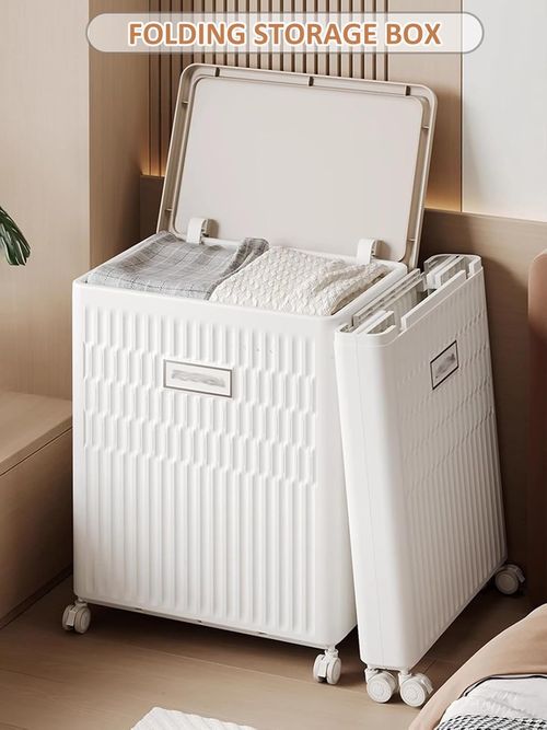 Folding Clothes Storage Box With Lid And Wheels, Large Capacity Plastic Storage Bin For Closet Living Room Bedroom Organization, Sealed And Dustproof