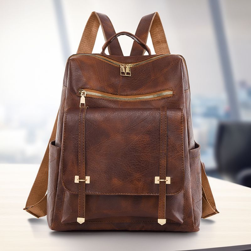 Drawstring Decoration New Fashion Backpack Ladies Retro Soft Leather Versatile Large Capacity Backpack Student School Bag Wholesale