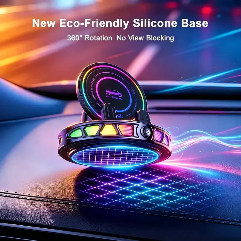 360° Rotating Wireless Charging Car Phone Mount with RGB Ambient Light Ultra-Stable Vacuum Suction Auto-Lock Holder for Dashboard Windshield Fits iPhone Android