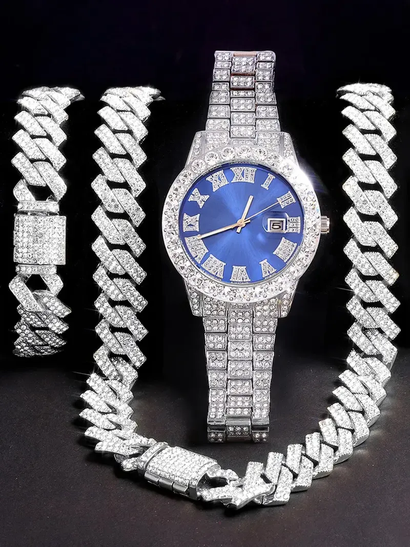 Luxury Punk Trendy Watch Set with Necklace Bracelet Cross Pendant, Analog Quartz Movement, Adjustable Strap, Unisex Gift Box for All Seasons, Fashionable Jewelry Set
