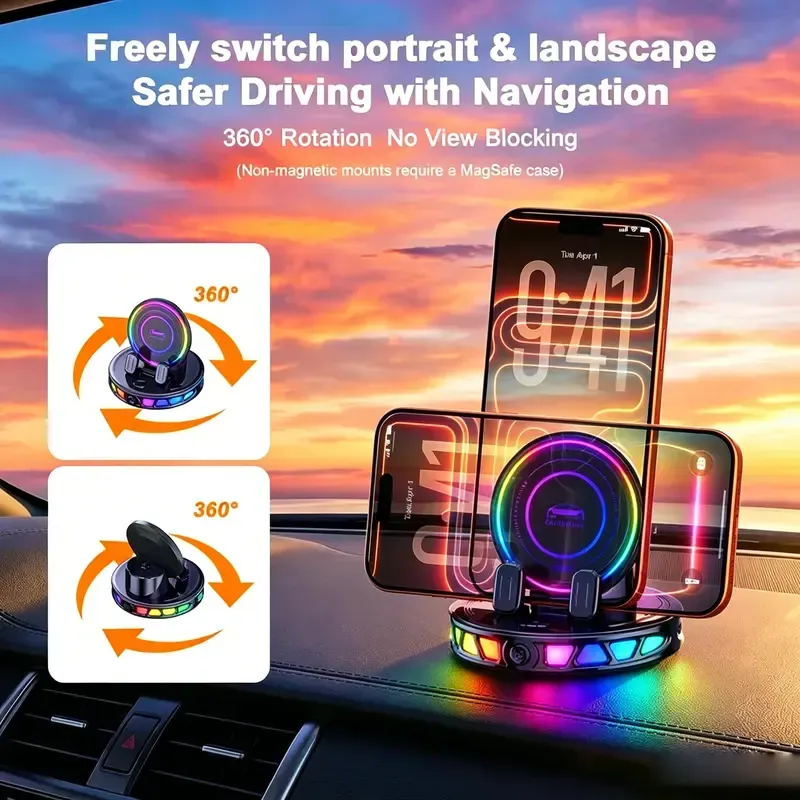 360° Rotating Wireless Charging Car Phone Mount with RGB Ambient Light Ultra-Stable Vacuum Suction Auto-Lock Holder for Dashboard Windshield Fits iPhone Android
