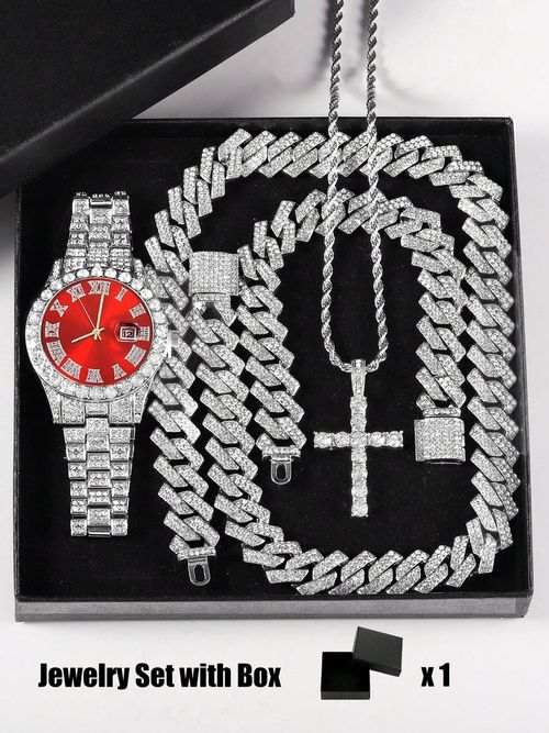 Luxury Punk Trendy Watch Set with Necklace Bracelet Cross Pendant, Analog Quartz Movement, Adjustable Strap, Unisex Gift Box for All Seasons, Fashionable Jewelry Set