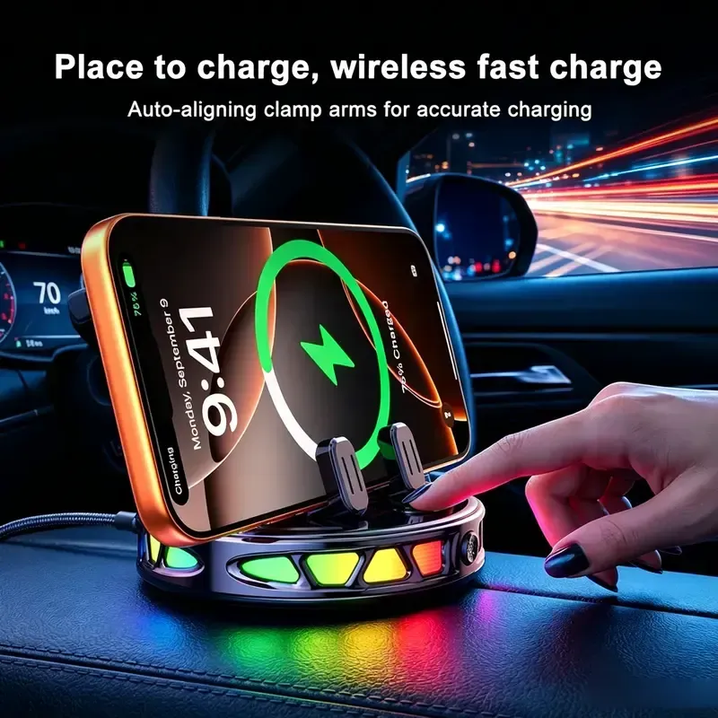 360° Rotating Wireless Charging Car Phone Mount with RGB Ambient Light Ultra-Stable Vacuum Suction Auto-Lock Holder for Dashboard Windshield Fits iPhone Android