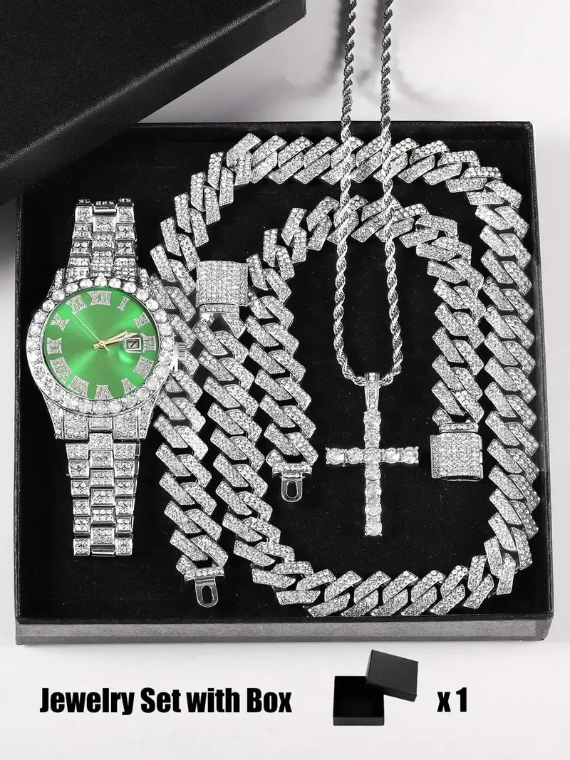 Luxury Punk Trendy Watch Set with Necklace Bracelet Cross Pendant, Analog Quartz Movement, Adjustable Strap, Unisex Gift Box for All Seasons, Fashionable Jewelry Set
