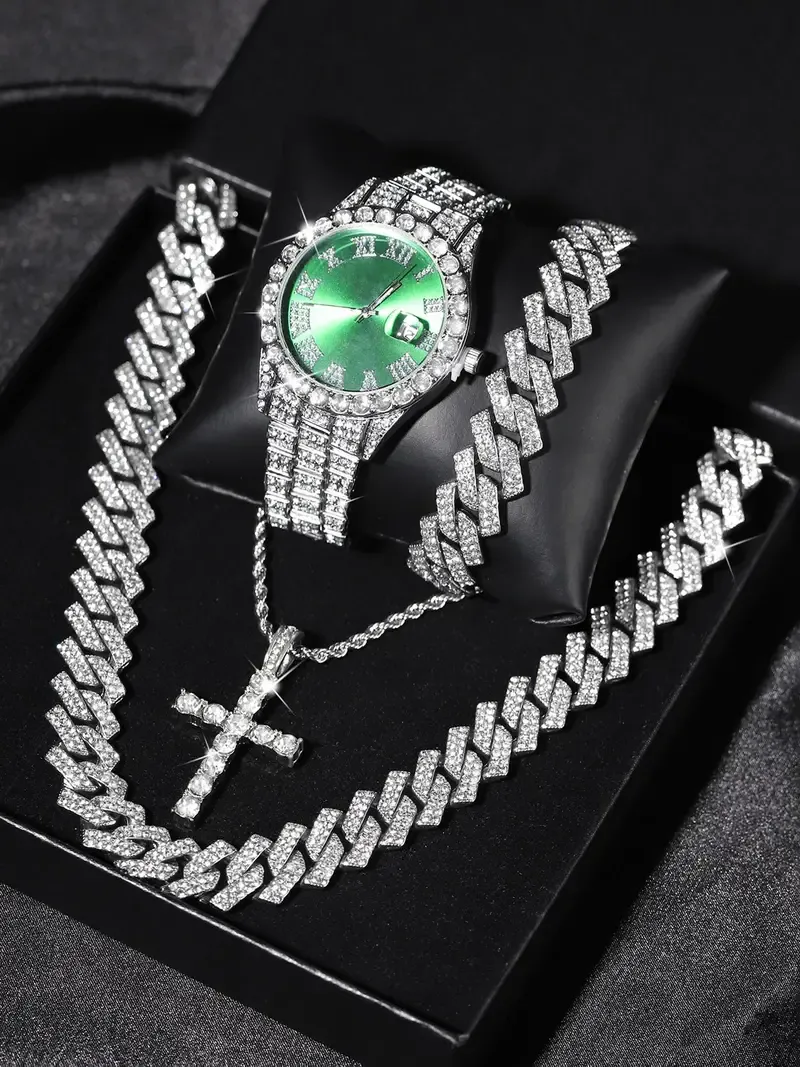 Luxury Punk Trendy Watch Set with Necklace Bracelet Cross Pendant, Analog Quartz Movement, Adjustable Strap, Unisex Gift Box for All Seasons, Fashionable Jewelry Set