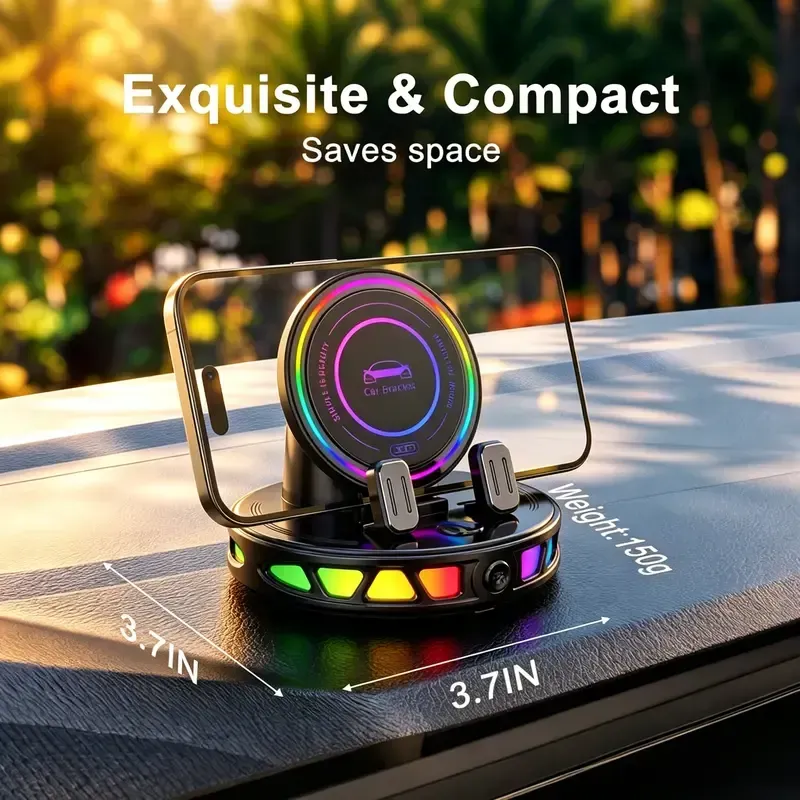 360° Rotating Wireless Charging Car Phone Mount with RGB Ambient Light Ultra-Stable Vacuum Suction Auto-Lock Holder for Dashboard Windshield Fits iPhone Android