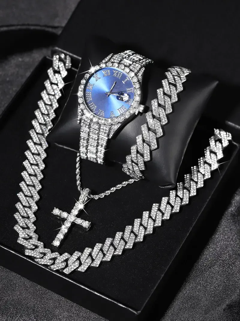 Luxury Punk Trendy Watch Set with Necklace Bracelet Cross Pendant, Analog Quartz Movement, Adjustable Strap, Unisex Gift Box for All Seasons, Fashionable Jewelry Set